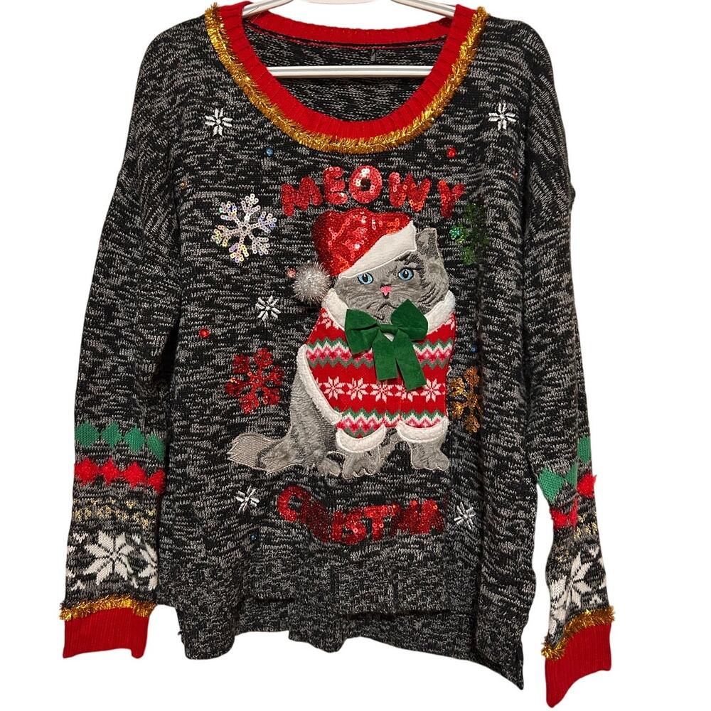 Women’s Black White‎ Meowy Christmas Cat Pullover Sweater Snowflakes Size XL